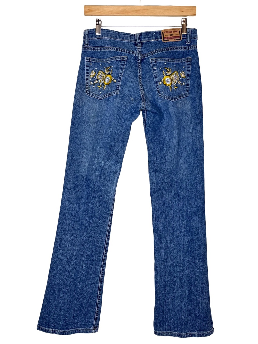 Vintage Y2K Boho Floral Embroidered Low-Rise Flare Jeans Sz 7